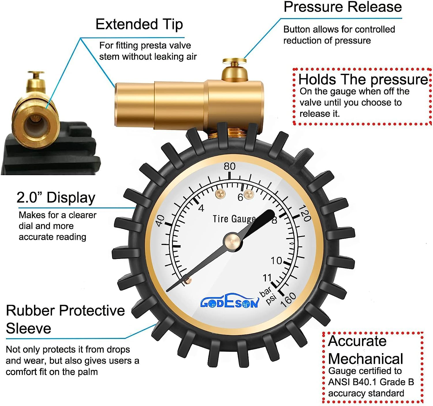 Godeson Presta Valve Tire Pressure Gauge with Bicycle Air Pressure Relief for Road Cycling Tiresrange to 160 PSI/11BAR image number 6