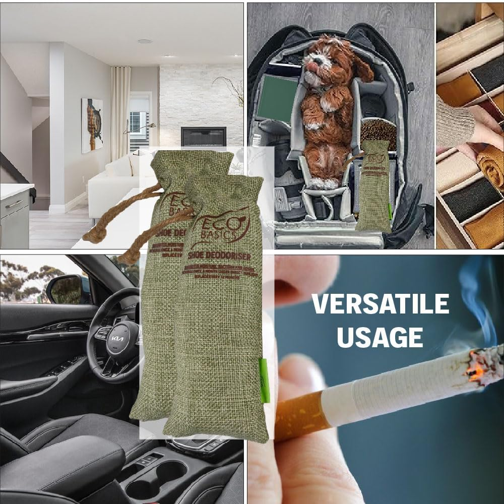 Eco Basics Shoe Deodoriser Twin Pack &ndash; 18X6X4 Cm. Bamboo Charcoal Absorbs Moisture, Bacteria, and Odours. Reusable by Sun Exposure. Lasts 1 Year; Eco-Friendly Compostable Charcoal for Garden Use.