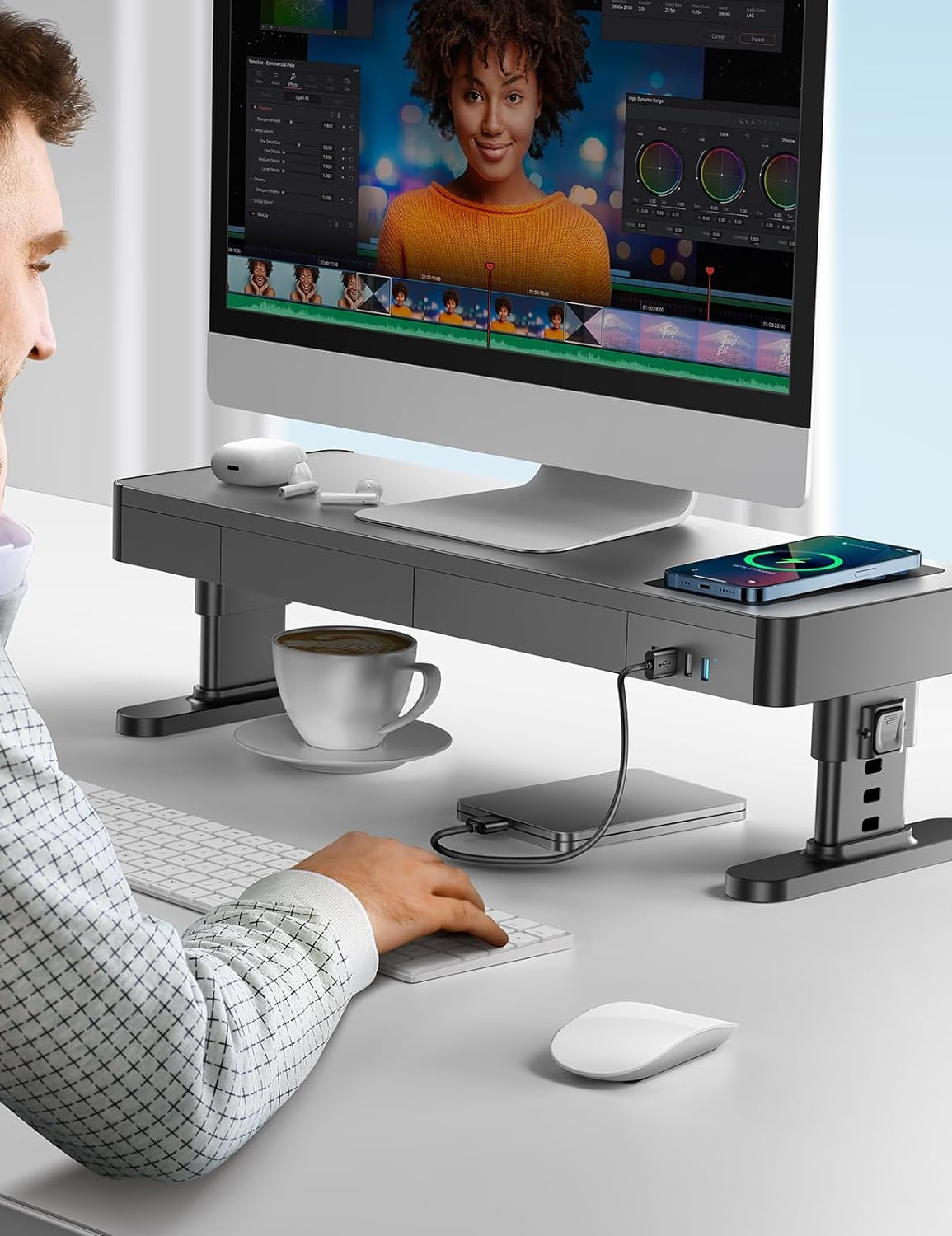 Meatanty Monitor Stand Heights Adjustable, Computer Riser with Auto Phone Charger, 4 USB Ports Hub and Drawer Storage, Metal Desktop Organizer Lifter Shelf for PC Screen Studio Display Office Gaming image number 1