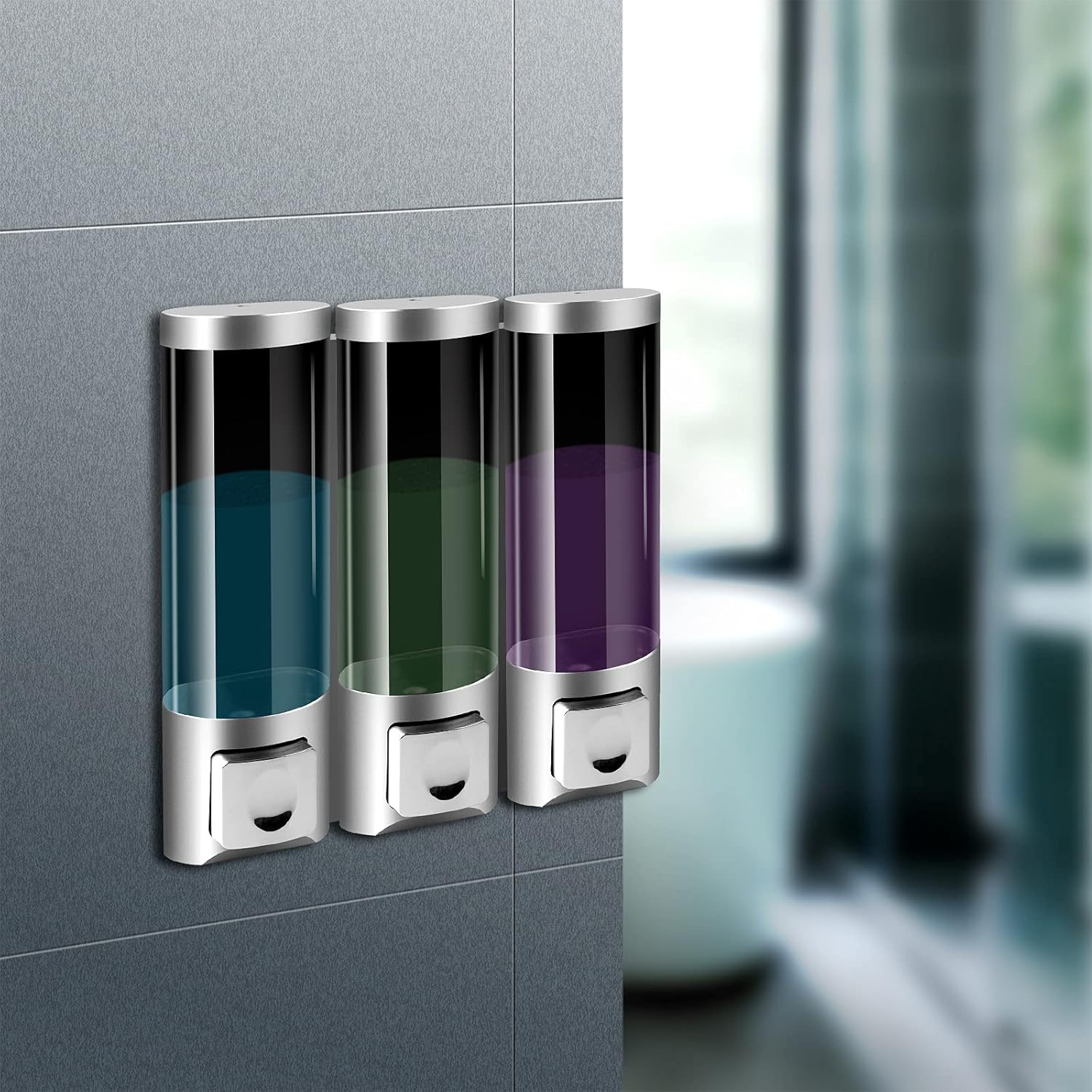 ILIKEPOW Shampoo & Conditioner Dispenser - Wall Mount 3 Chamber 250ML Soap Dispenser for Bathroom, Home & Kitchen (Silver) - Silver,Transparent image number 4