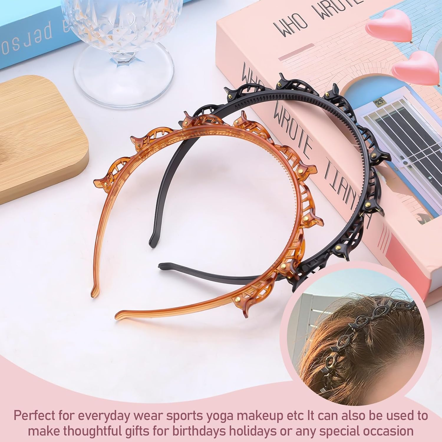 Pack of 6 Double Similar Headband with Clips, Fashion Headband with Clips, Hairpin for Women, Girls, Curly, Thick Hairstyle, Braided, Professional, Weaving, Bangs, Styling, Black & Brown image number 5