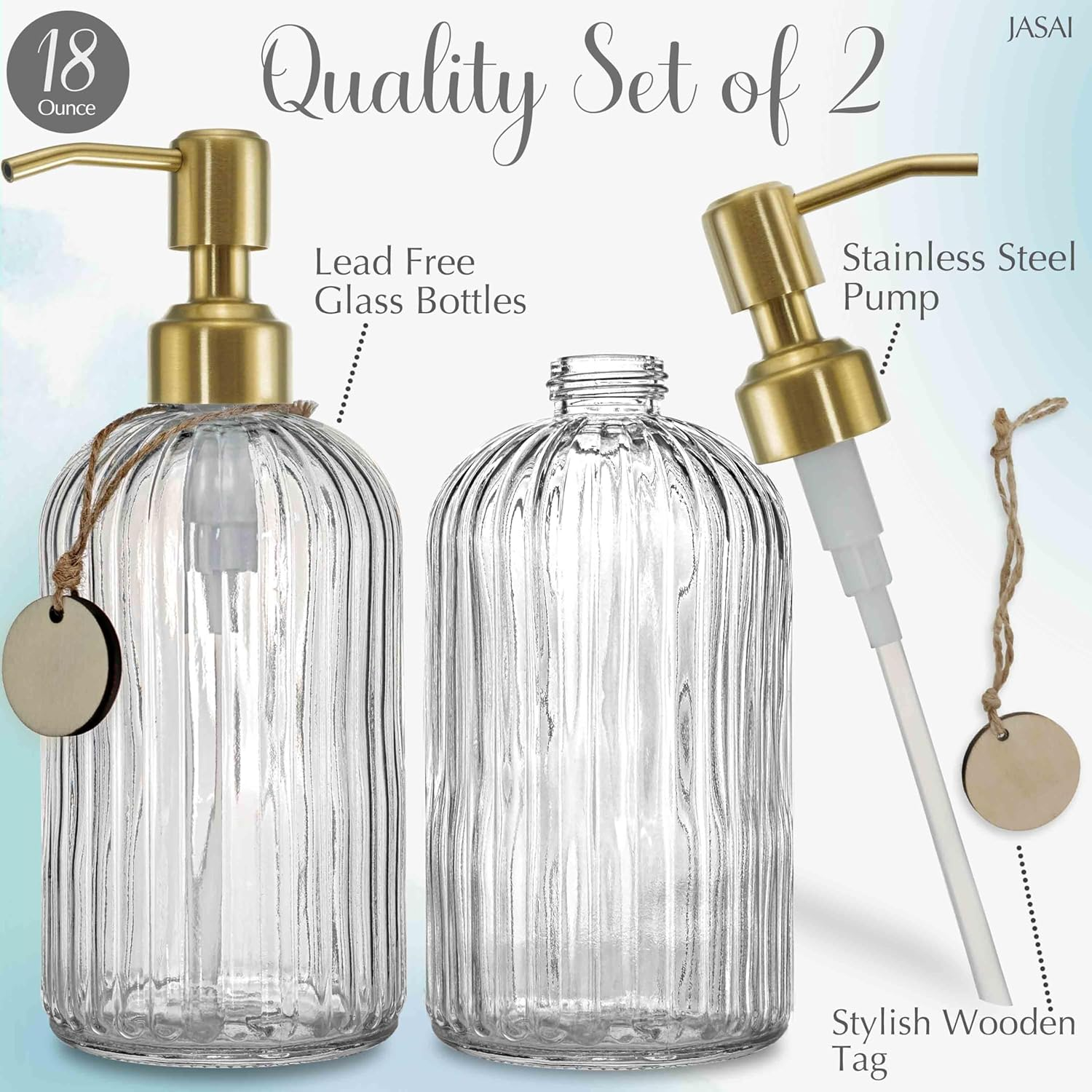 JASAI 2PACK 18Oz Fluted Glass Soap Dispenser with Golden Rust Proof Pump, Refillable Kitchen Soap Dispenser with Vertical Stripe, Bathroom Soap Dispenser for Dispense Hand Soap, Dish Soap, Lotion. image number 4