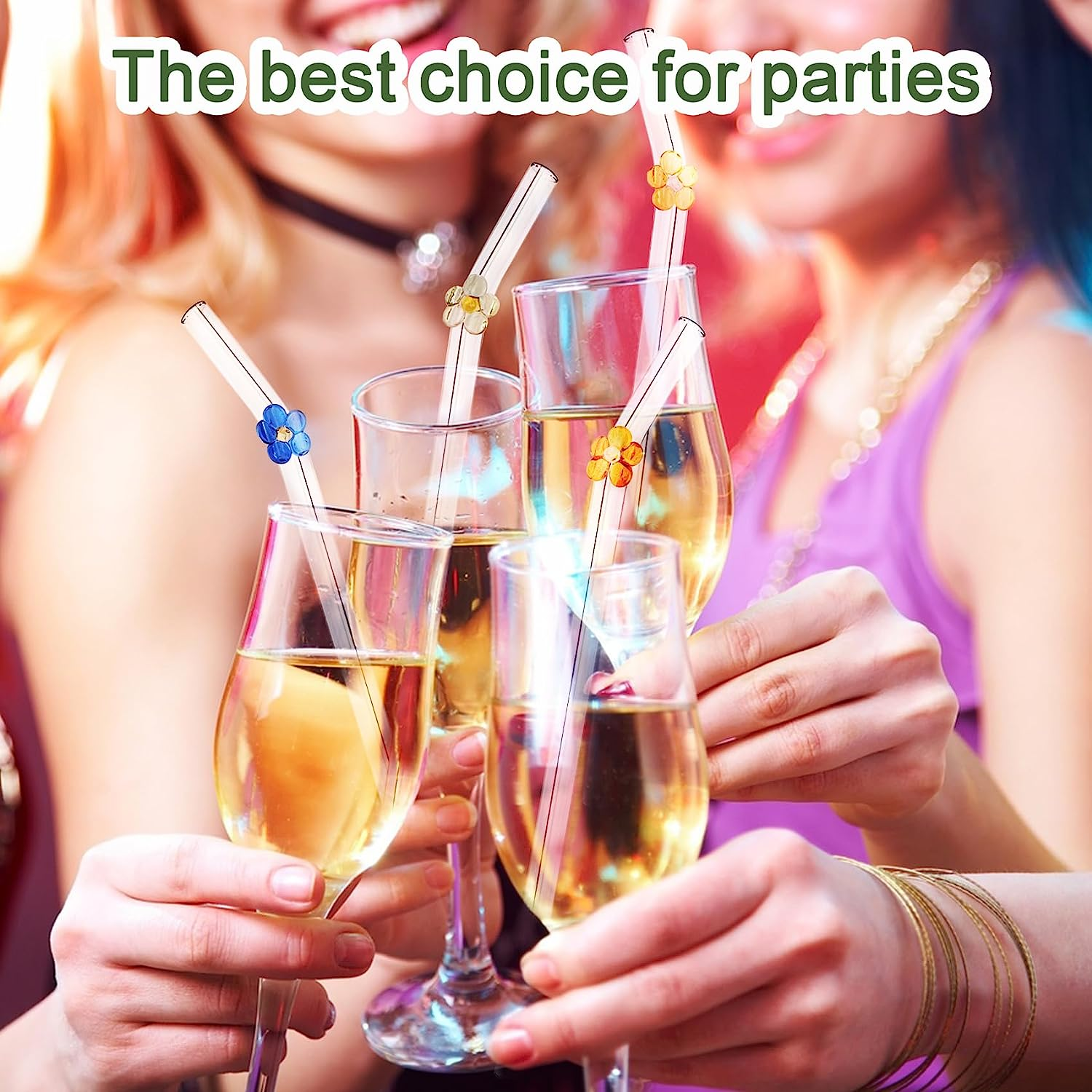 8Pcs Reusable Drinking Straws, Flower Glass Straws, Food Grade Reusable Straw with 2Pcs Cleaner Brush, Cute Clear Glass Straws with Design for Drinking Smoothies, Juices, Shakes, Cocktails image number 1