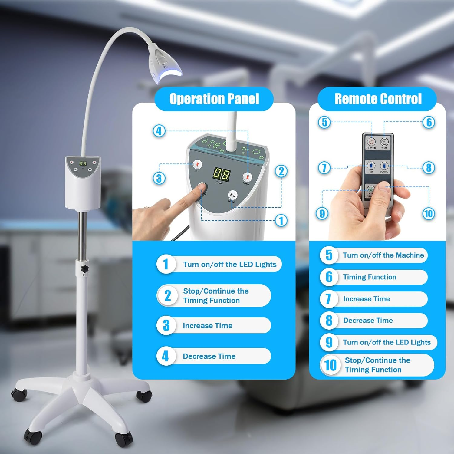 Teeth Whitening Lamp with 4 High-Power LED Lights, Mobile Cold Light Teeth Bleaching Machine with Universal Wheels, Remote Control, 20 Teeth Sheaths image number 5