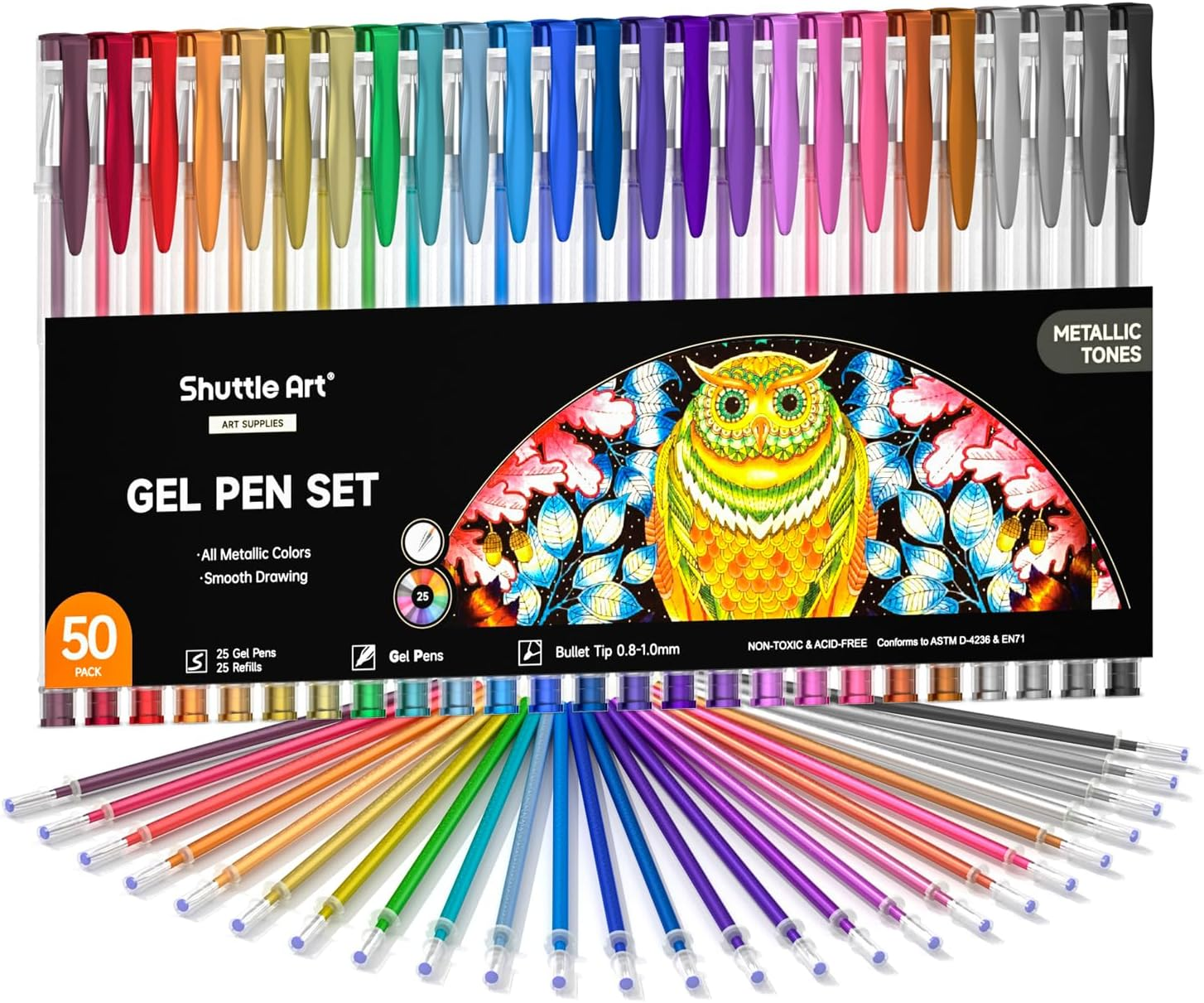 Shuttle Art 50 Pack Metallic Gel Pens, 25 Metallic Gel Pens Set with 25 Refills Perfect for Adult Colouring Books Doodling Drawing Art Markers