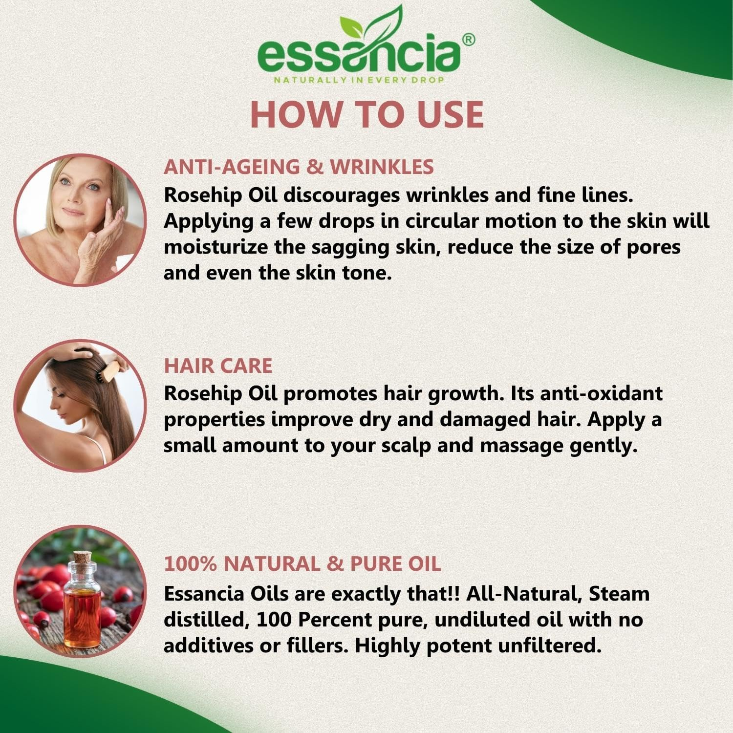 Essancia Rosehip Carrier Oil for Face Glow, Hair Growth, Acne, Skin Care, Healthy Nails, Wrinkles, Lips, & Radiant Skin. 100% Natural, Organic, & Pure Cold Pressed Carrier Oils. image number 3