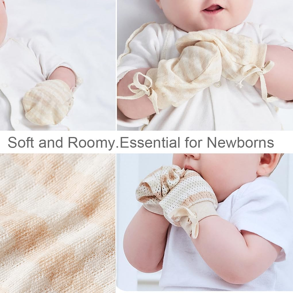 MOMSMENU Newborn Mittens No Scratch 100% Organic Cotton Mitts Baby Boy Girl Neutral 0-12 Months 3 Packs - Colorful Beige image number 3