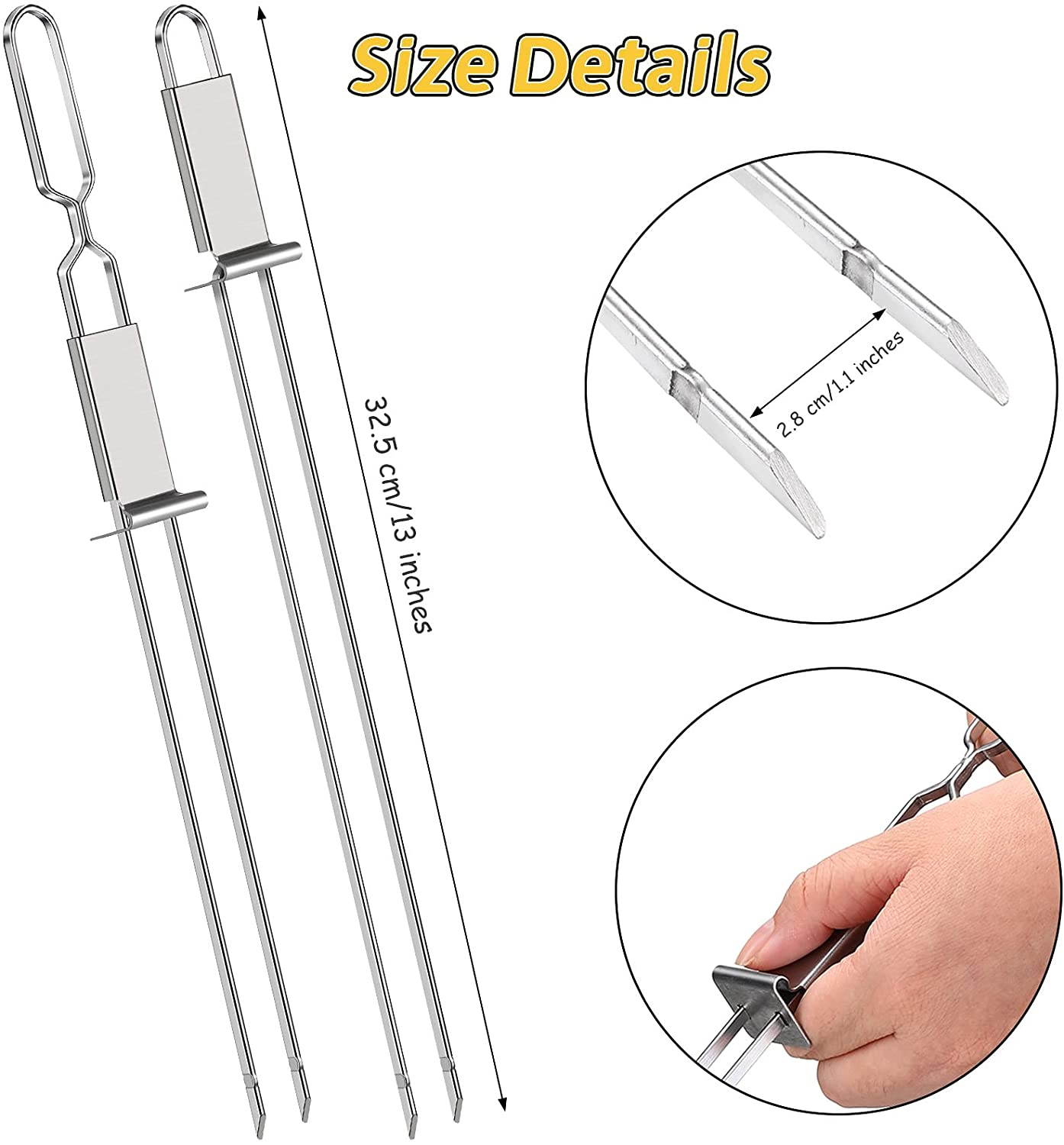 Lallisa Kabob Skewer for Grilling Metal Stainless Steel BBQ Skewer Stick with Push Bar Reusable Double Pronged Kebab Skewer Tool Quick Release Meat Chicken Vegetable and Fruit for Father (12 Pieces)