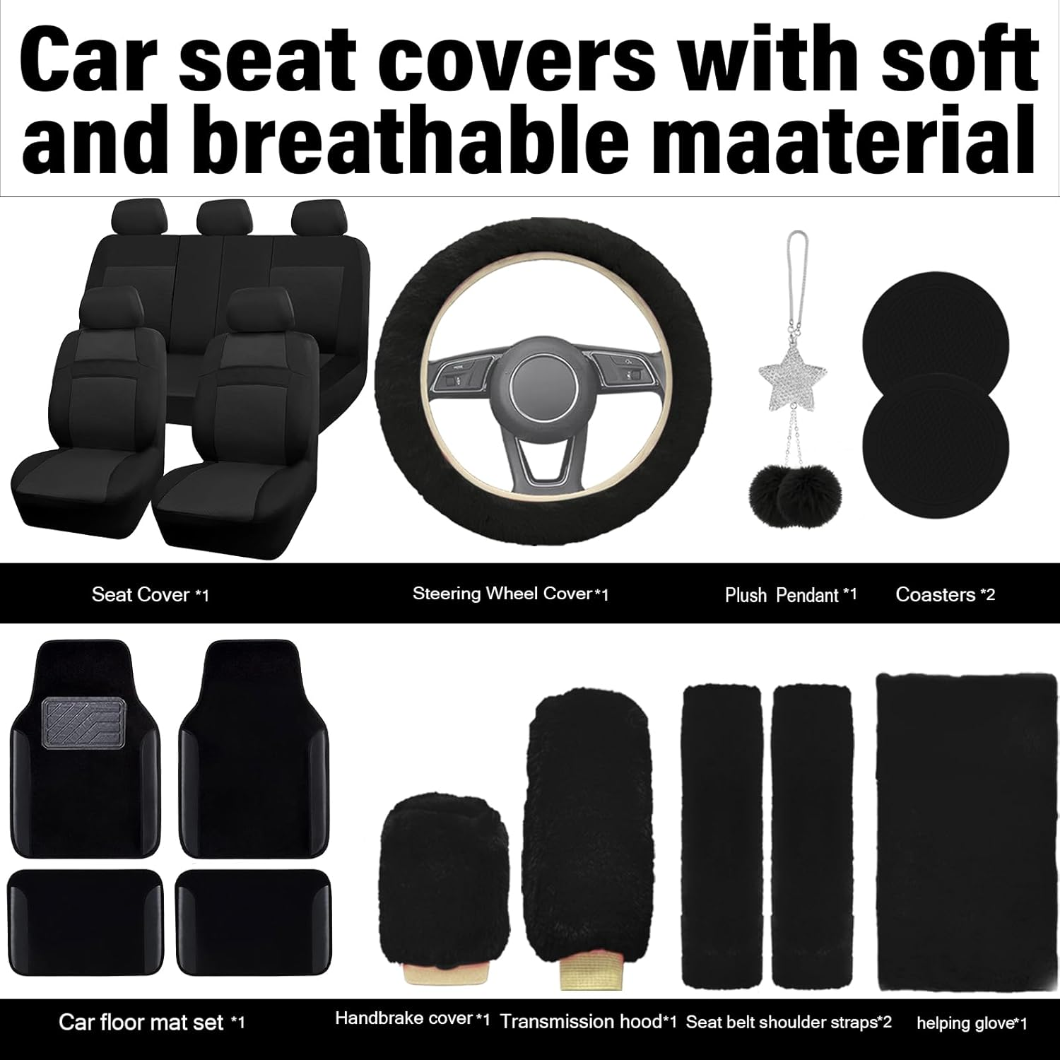 Car Seat Cover Full Set for Women with Waterproof Floor Mats,3D Air Mesh Car Seat Cover with 5Mm Composite Sponge Inside,Universal Fluffy Steering Wheel Cover, Accessories Full(Black) image number 1