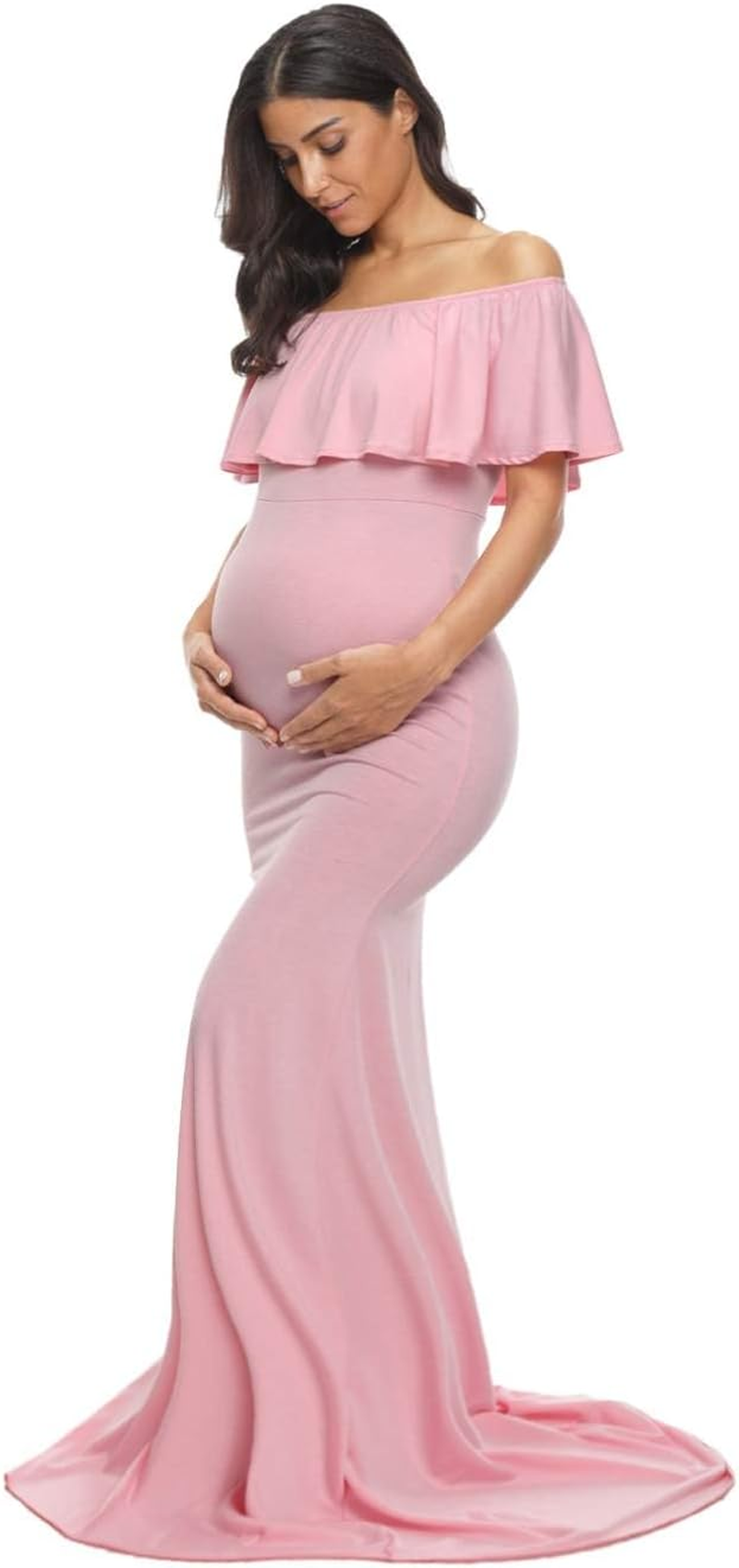 Glampunch Womens off Shoulder Maternity Dress Ruffles Elegant Slim Gowns Fit Maxi Photography Dress