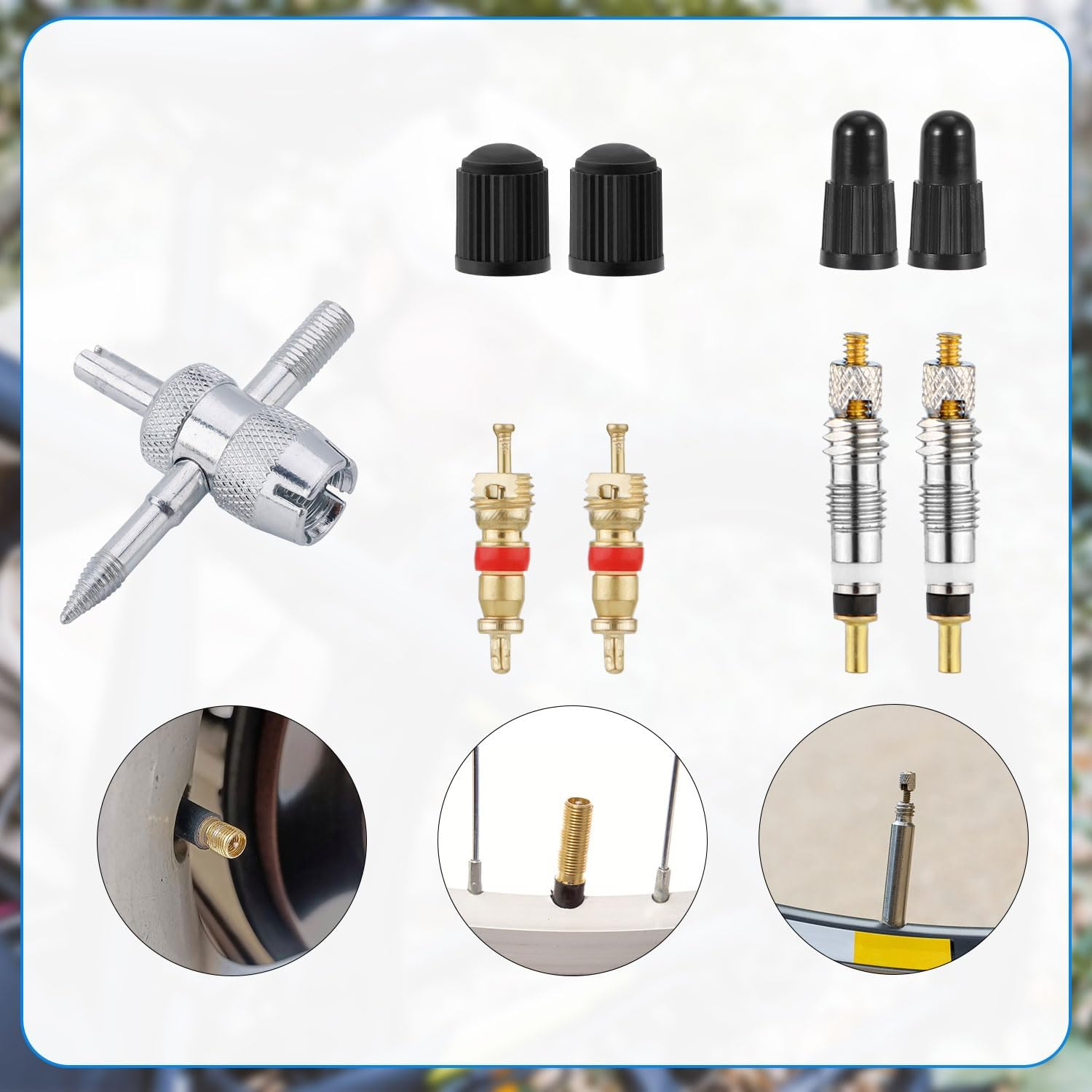 Valve Core Repair Kit, Reliable Valve Core Bike Replacement Kit with 4Pcs Valve Caps and 4Pcs Valve Cores Wrench for Presta & Schrader Valve