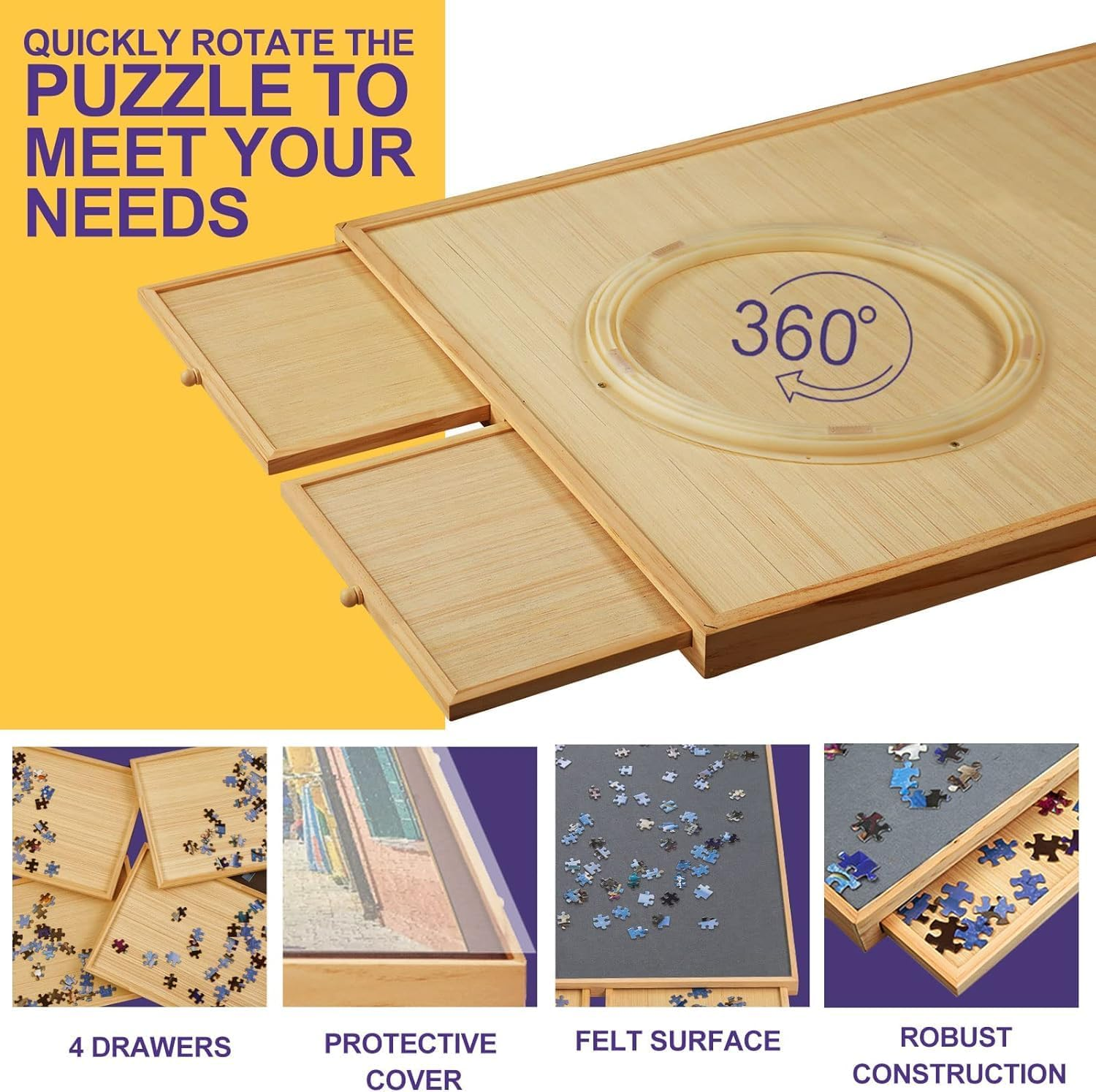 TEAKMAMA 1500 Piece Rotating Jigsaw Felt Puzzle Board with 4 Drawers & Cover, 34.2&rdquo; X 26'' Wooden Table, Lazy Susan Design for Adults and Kids Portable image number 5