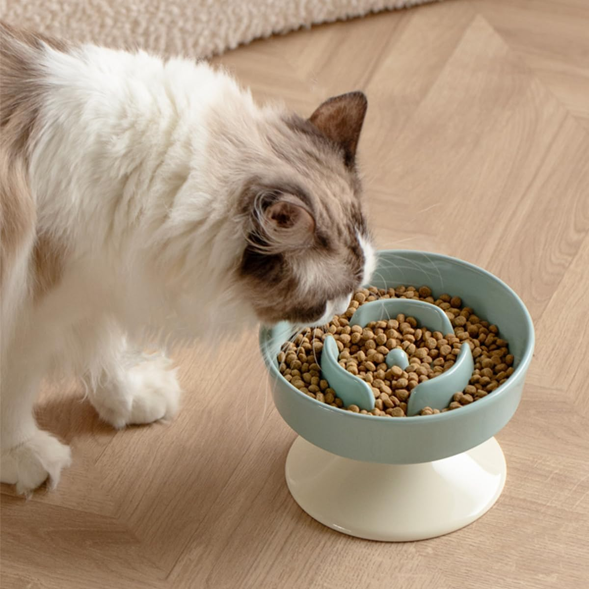 Ceramic Slow Feeder Cat Bowl, Raised Puzzle Feeder, anti Vomiting Cat Slow Feeder, Elevated Food Bowl, Whisker Friendly Cat Bowl (Green,White) image number 3