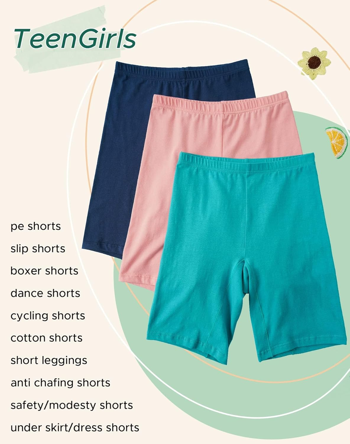 INNERSY Teen Girls' Soft Cotton Short for Age 8-16 Kids Tagfree Dance Shorts 3-Pack image number 4