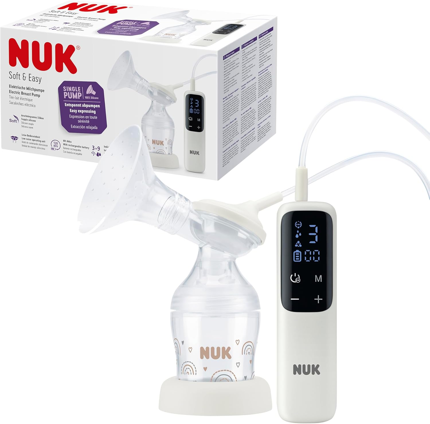 NUK Soft & Easy Electric Breast Pump | 100% Silicone Soft Cups | Small, Lightweight & Quiet | Rechargeable Battery for Travel | 24Mm & 27Mm Cups | 1 X Perfect Match Baby Bottle