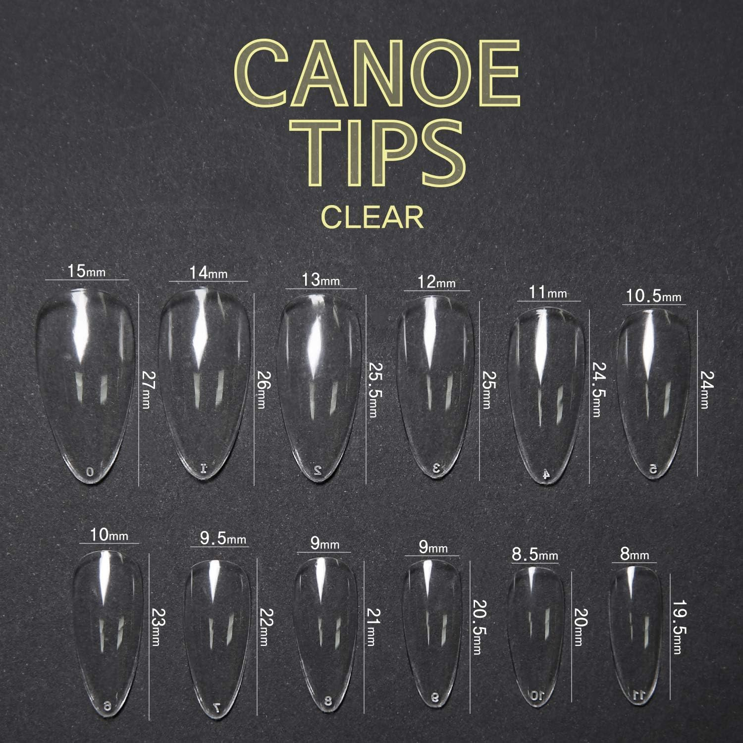 DIAMI Canoe Tips Clear 1Box (360Pcs, 12Sizes) - Long Oval Shaped Nail Tips | Clear Nail Tips for Acrylic Nails | Fake & Full Cover Nail Tips | Natural Almond C Curve Gel Nail Tips Clear & Long image number 5