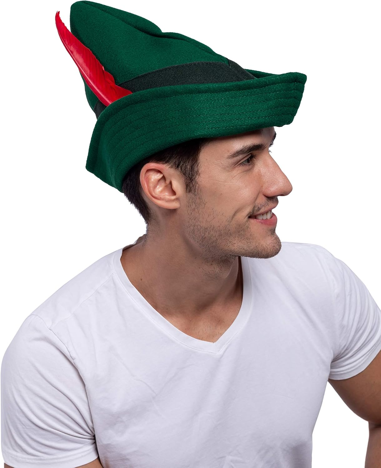 Felt Robin Hood Hats with Feather One Size Fits All for Adult Alpine Hat Party Costume, Peter Pan Hat, German Hat, Green Tyrolean Hat Halloween Dress up Party Favor. image number 1