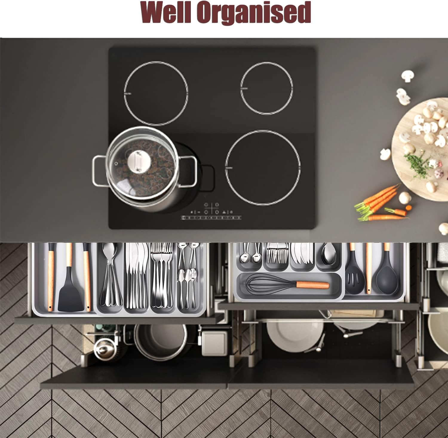 FOREVERIE Extendable Kitchen Utensils Drawer Storage Organiser, 5 Compartments Deep Cutlery Tray Holder for Silverware, Flatware, Knives, Spoons and Forks, Grey - Large Grey With Knife Organiser image number 4