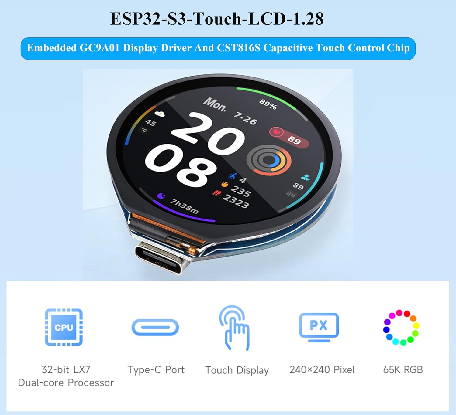 ESP32-S3 Development Board with 1.28Inch round Touch LCD 240&times;240 Pixel 65K RGB Color, 32-Bit LX7 Dual-Core Processor with 6-Axis Sensor, Support 2.4Ghz W-I-F-I (802.11 B/G/N) and Blue-Tooth 5 image number 2