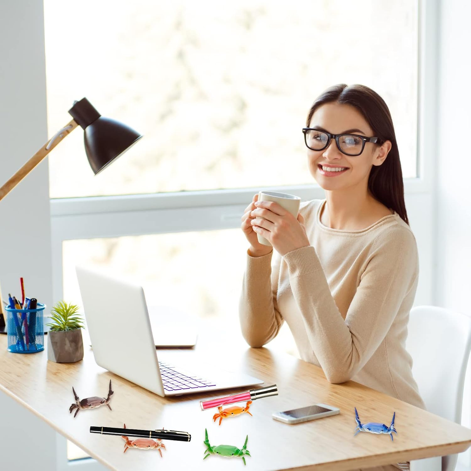 Jecery 10 Pieces Crab Pen Holder Japanese Crabs Stand Creative Cute Storage Rack for Single Pencil Office Desk Display Decorations Stationery Gift, Red, Blue, Green, Purple, Orange image number 6