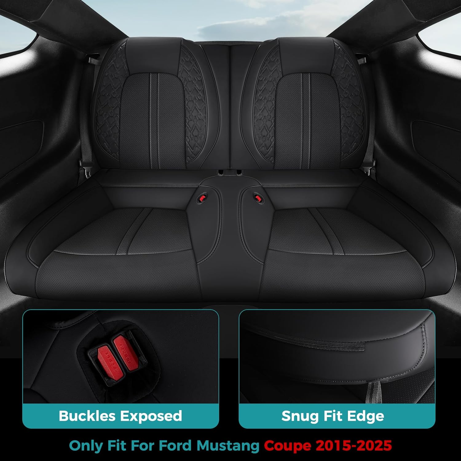 FEINEPRO Custom Fit Car Seat Covers for Ford Mustang Fastback/Mach 1/ Coupe (Not for Recaro) 2015 2016 2017 2018 2019 2020 2021 2022 2023, Waterproof Faux Leather Seat Covers Black