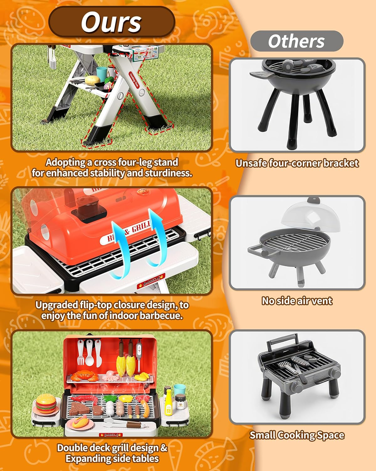 Kids Play Kitchen Toys, Outdoor BBQ Grill Playset with Smoke Sound & Light, Pretend Food Toys Barbecue Cooking Set for Toddlers Boys Girls 3 4 5 6 7 8 image number 4