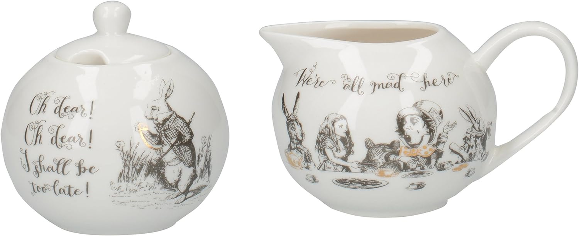 V&A Alice in Wonderland Fine China Milk Jug and Sugar Bowl Set with Decorative Illustrations (2 Pieces) - White, 18 X 7.5 X 7 Cm image number 2