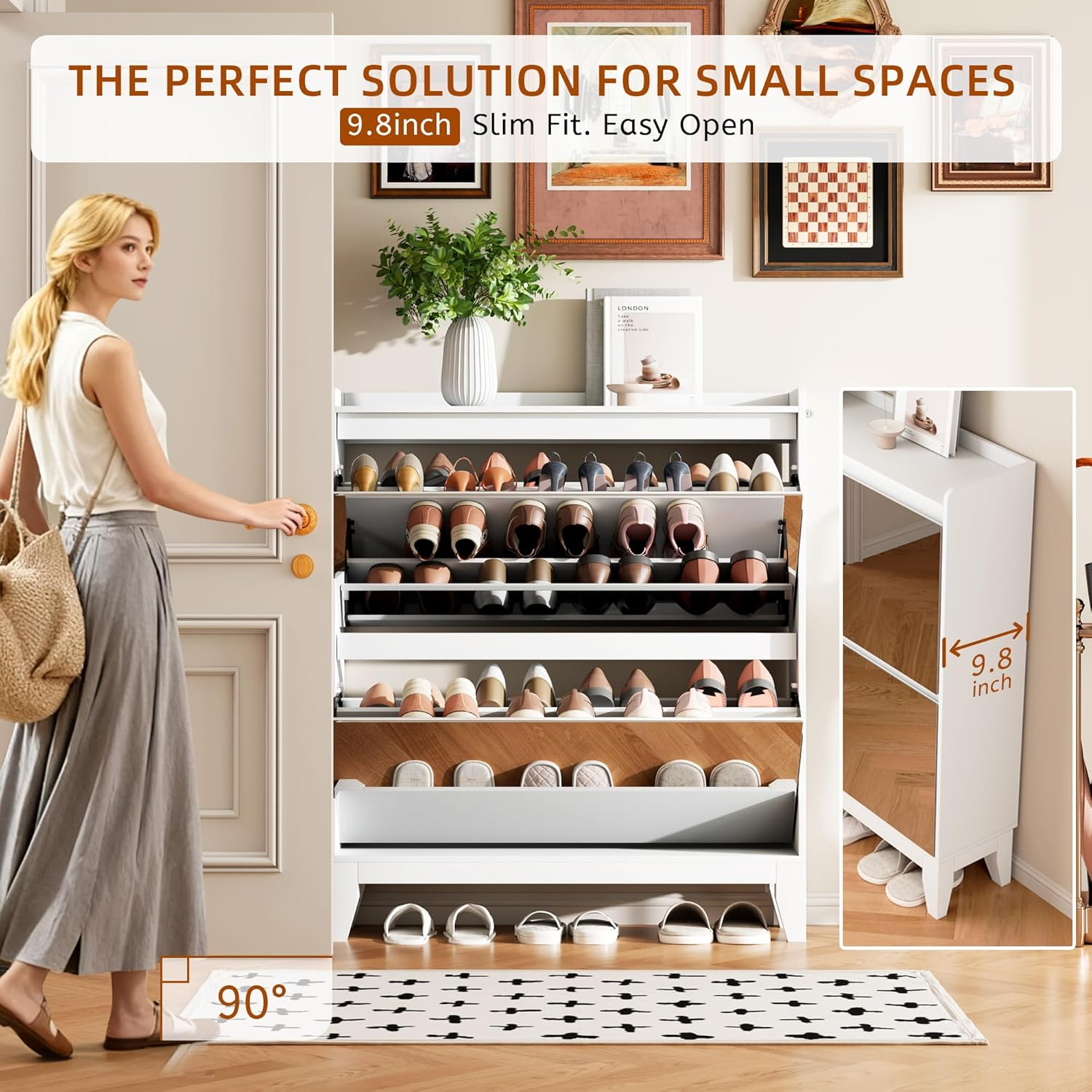 Dystler Shoe Cabinet with 2-Flip Mirror Drawers, Freestanding Shoe Rack Organizer with Legs, Slim Narrow Shoe Storage Cabinet for Entryway, Entrance, Hallway, Bedroom (White) image number 1