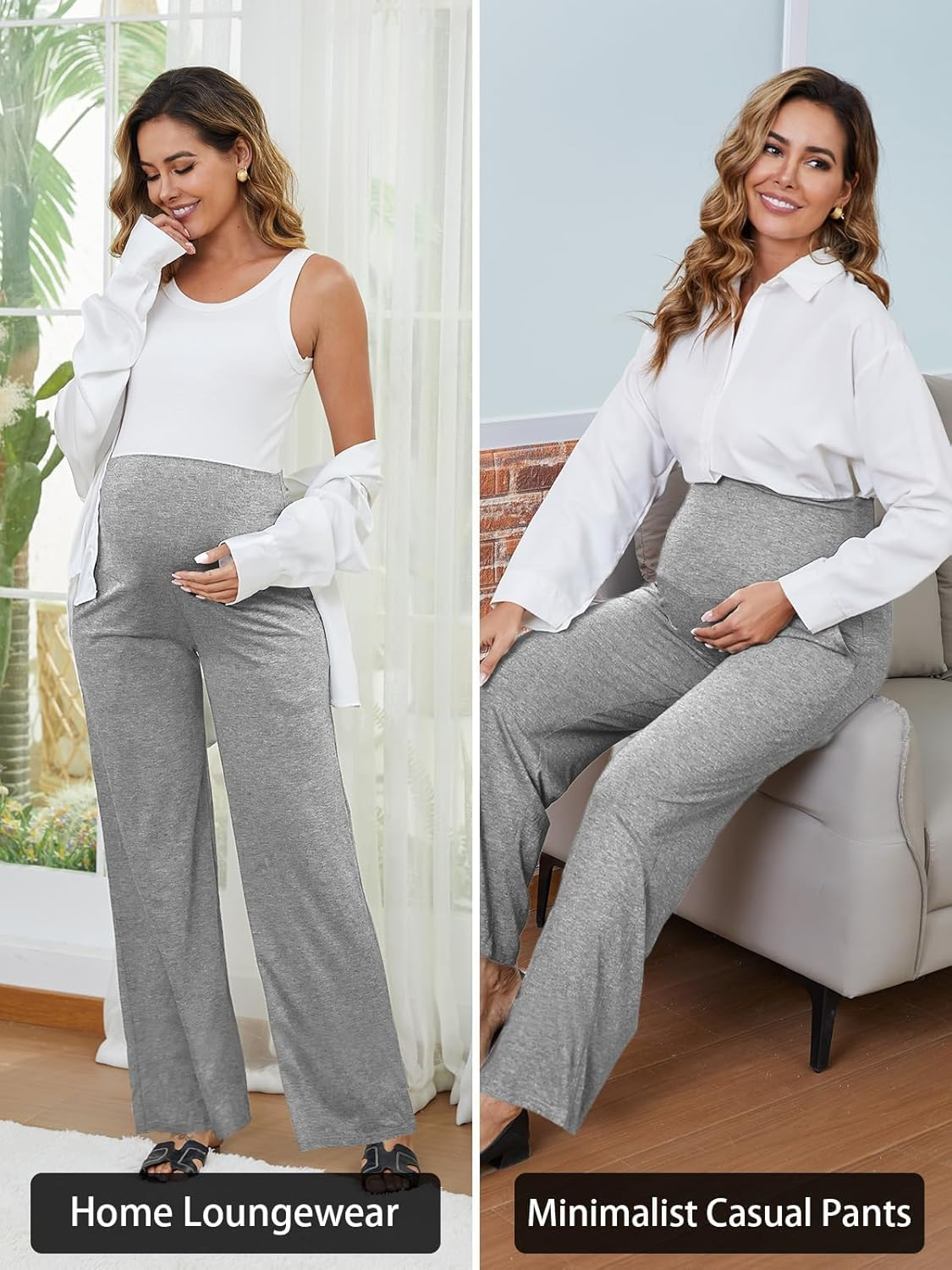 Ecavus 3-Pack Women'S Maternity Pants over Belly Soft Lounge Palazzo Pants Stretch Wide Leg Pregnancy Trousers with Pockets image number 4