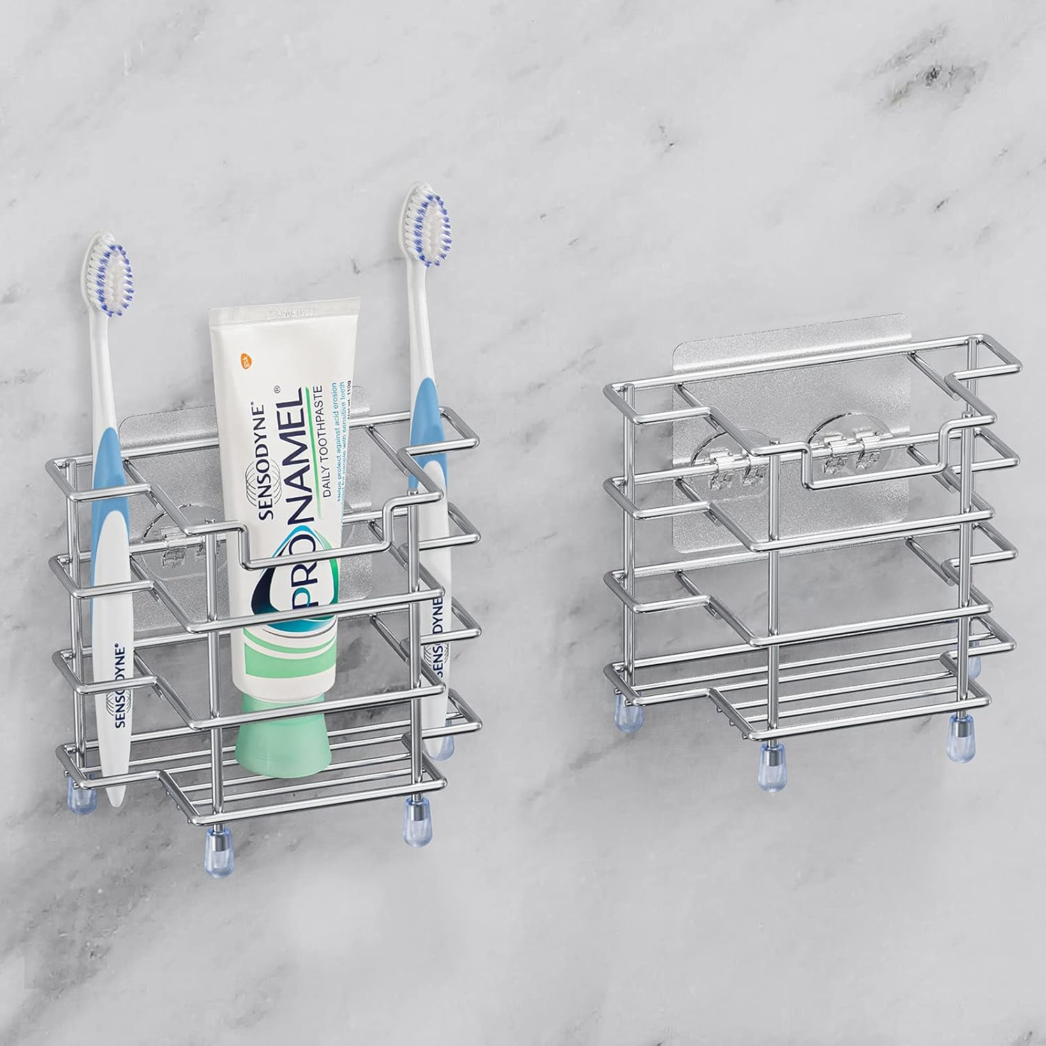 Linkidea Wall Mount Toothbrush Holder for Shower, Stainless Steel Tooth Brush Stand, Countertop 3 Slots Organizer Compatible with Colgate Extra Clean, Oral-B Crossaction (Black)