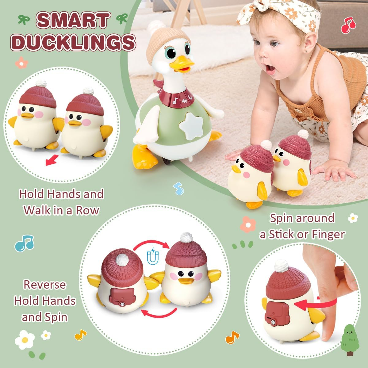 Kaekid Baby Toys 6-12 Months Musical Dancing Duck Toy Set with Music & Lights, Tummy Time Toys, Crawling and Interaction Modes, 1 Year Old Girl Boy Baby Christmas Birthday Gifts image number 2