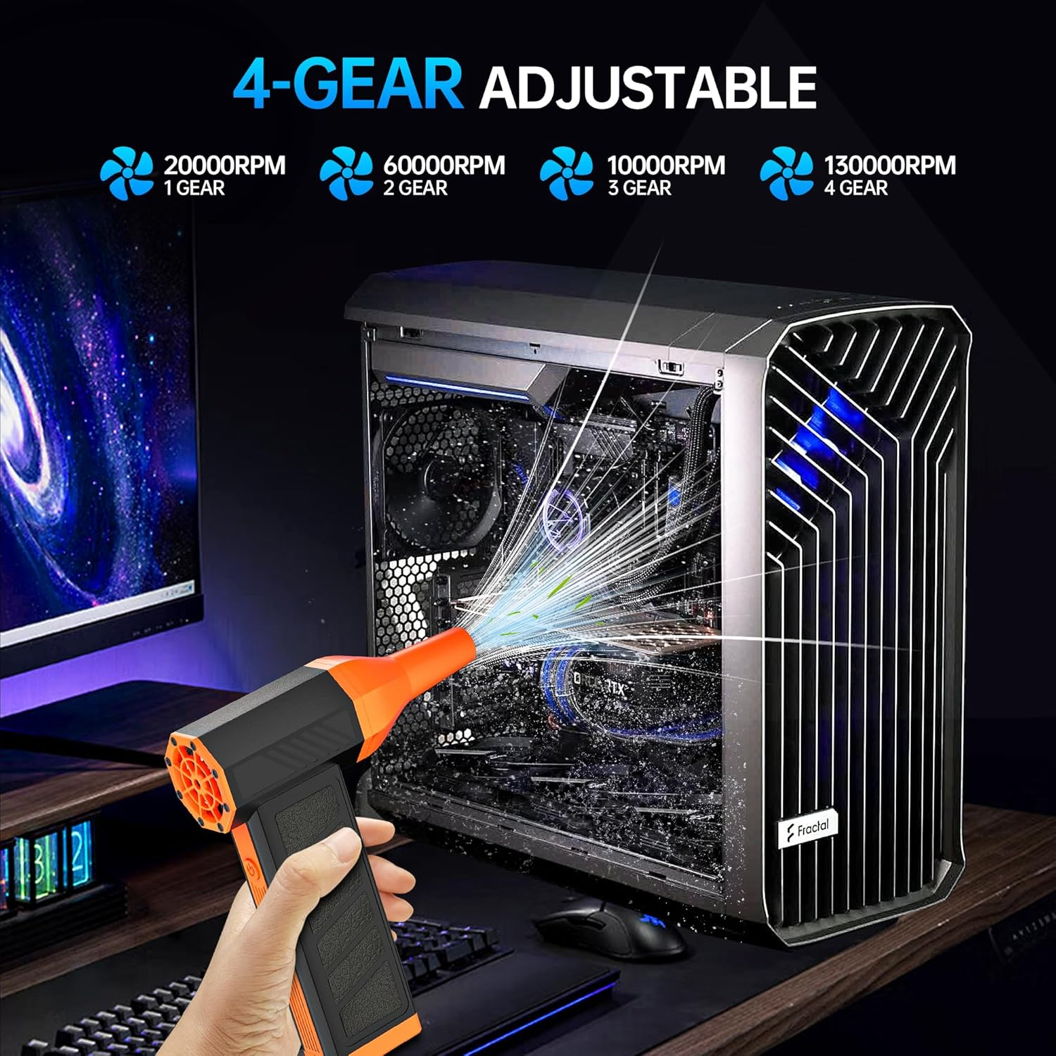 Electric Compressed Air Duster,130,000 RPM Compressed Air Duster Alternative,Rechargeable Air Can Duster for Computer,Car,Campfire,Outdoor & Home Cleaning with LED Screen & 4 Speeds image number 5