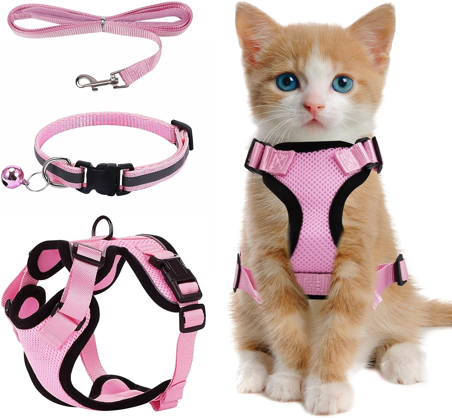 Pink Kitten Harness, Adjustable Soft Cat Harness Set, Cat Harness Kitten with Reflective Strips, Cat Lead with Harness for Cats, Cat Harness for Small, Medium Kittens (XS) image number 4