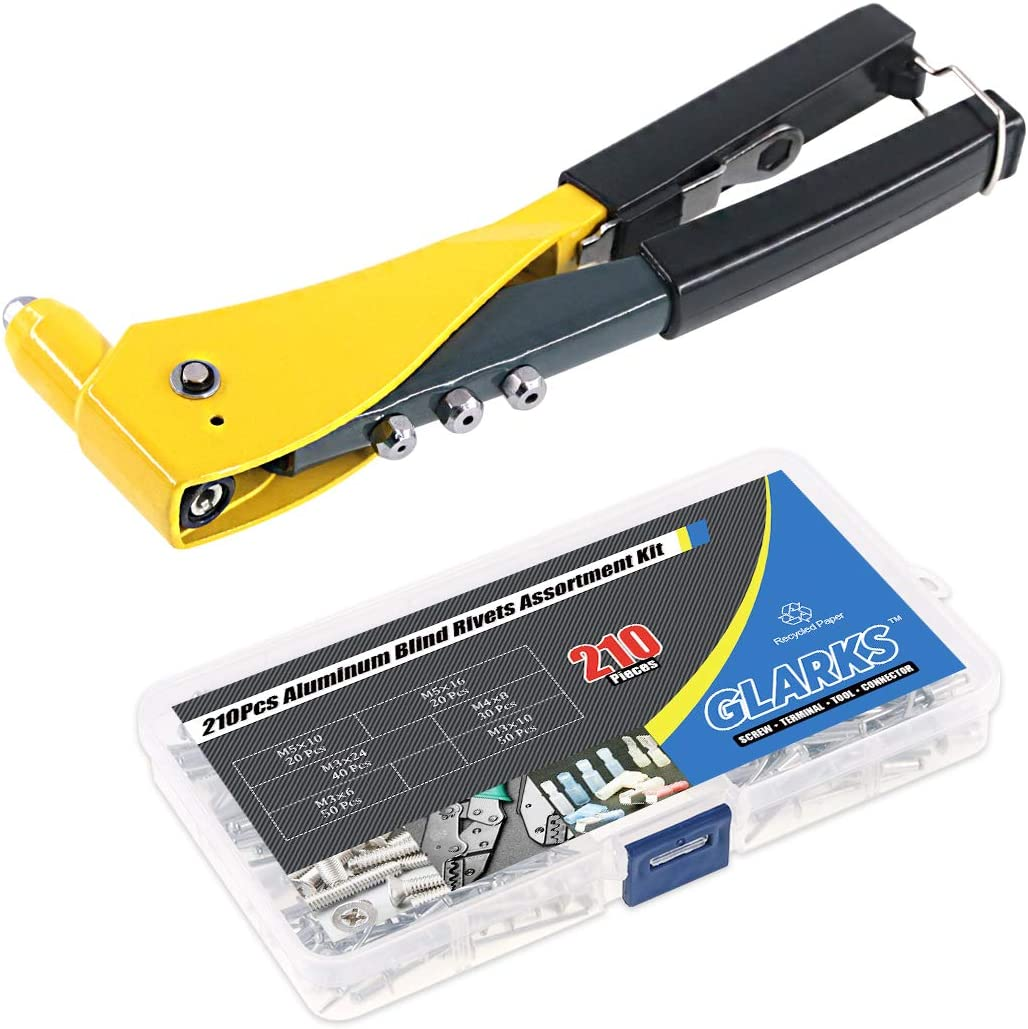 Glarks Heavy Duty Riveter Set, 210Pcs Aluminum Blind Rivets Assortment Kit and a Professional Pop Rivet Gun for Sheet Metal, Automotive, Railway, and Duct Work (Rivet Gun with Rivets Set)