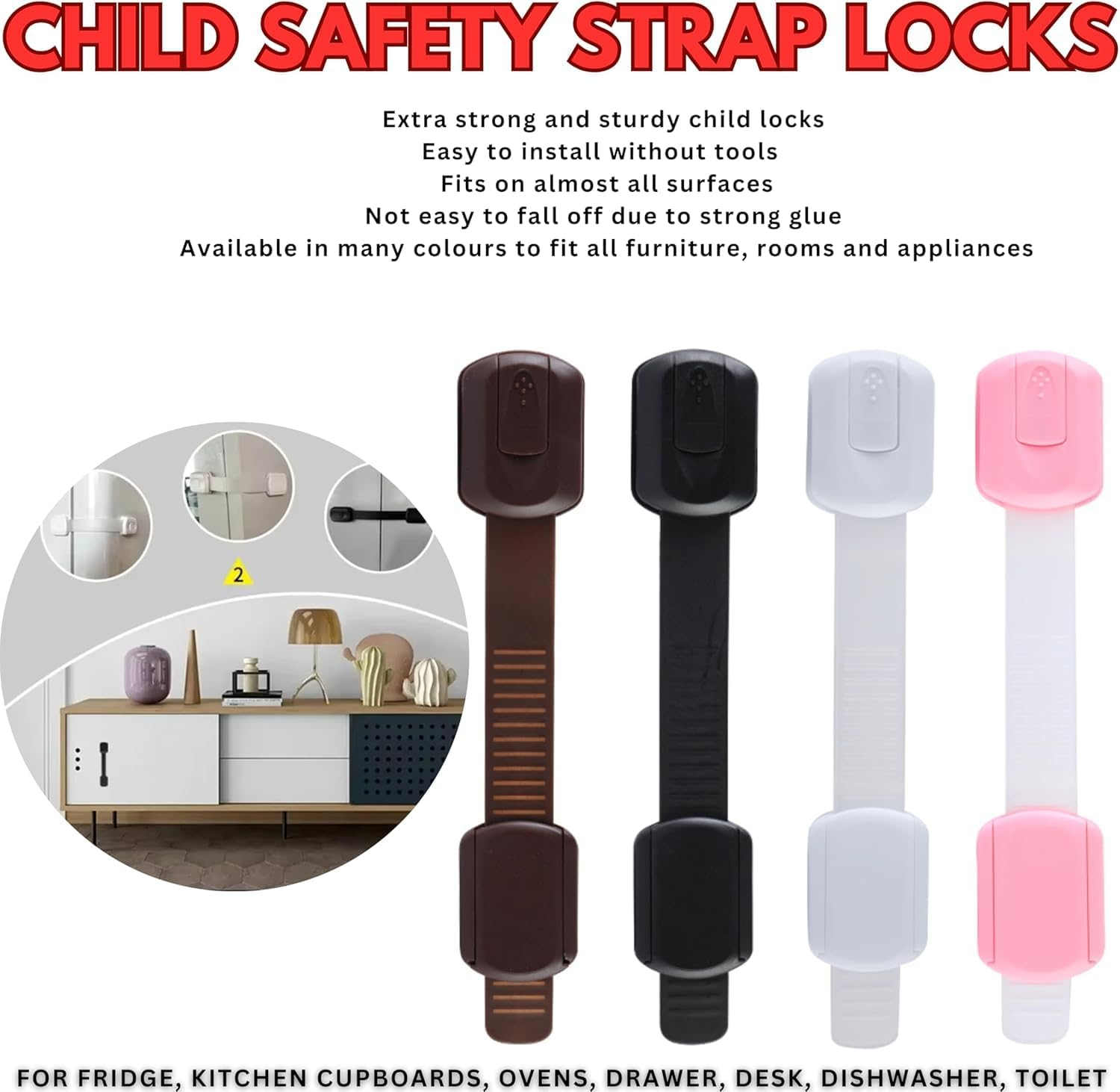 8-Pack Baby Safety Locks - No Drill Sticky Cabinet & Drawer Latches for Fridge, Toilet, Dishwasher | ABS+PE Child Proof Locks (White/Pink/Black/Brown 2 Each) image number 1