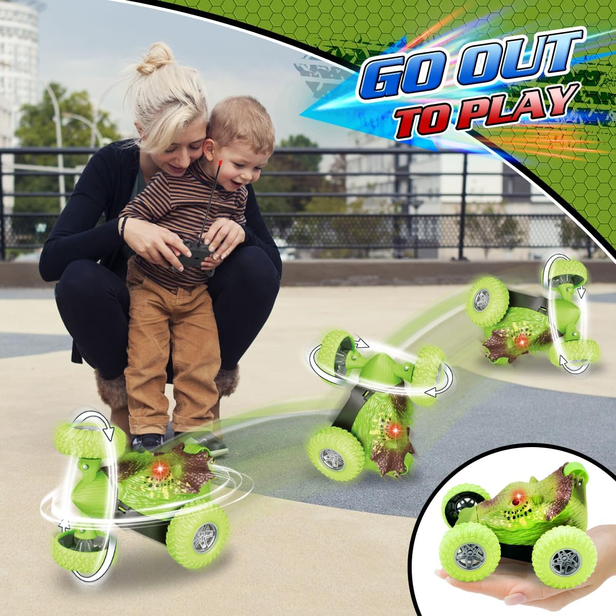 Qizebaby Remote Control Car for Kids，Dinosaur Toys RC Stunt Car，360&deg;Rotating RC Car with Rechargeable，Toy for 3 4 5 6 7 8 9 Year Old Boy Christmas Birthday Toys Gift image number 1