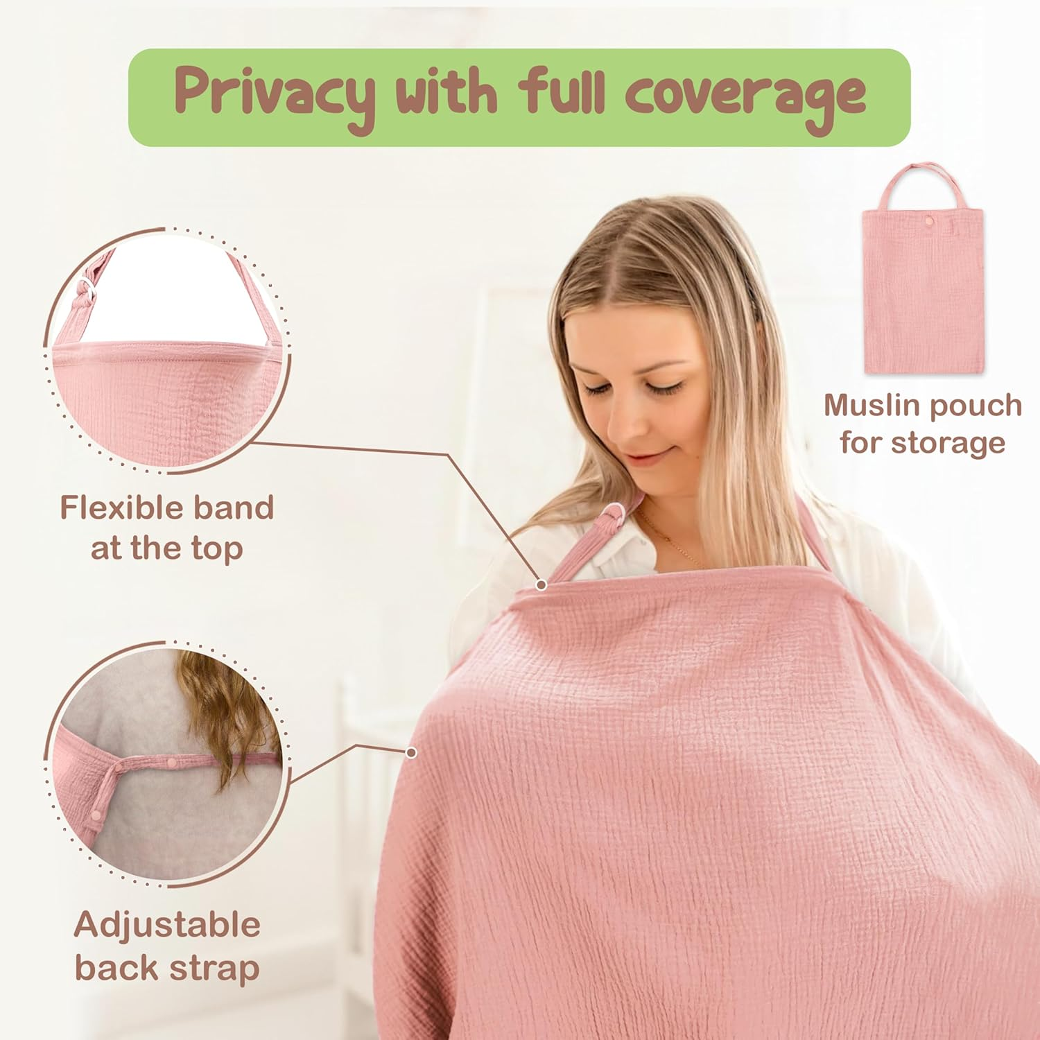 Organic Cotton Nursing Cover - 109 X 71 CM Breathable Muslin Breastfeeding Cover, Multi-Purpose for Women (Pink) - Rust image number 4