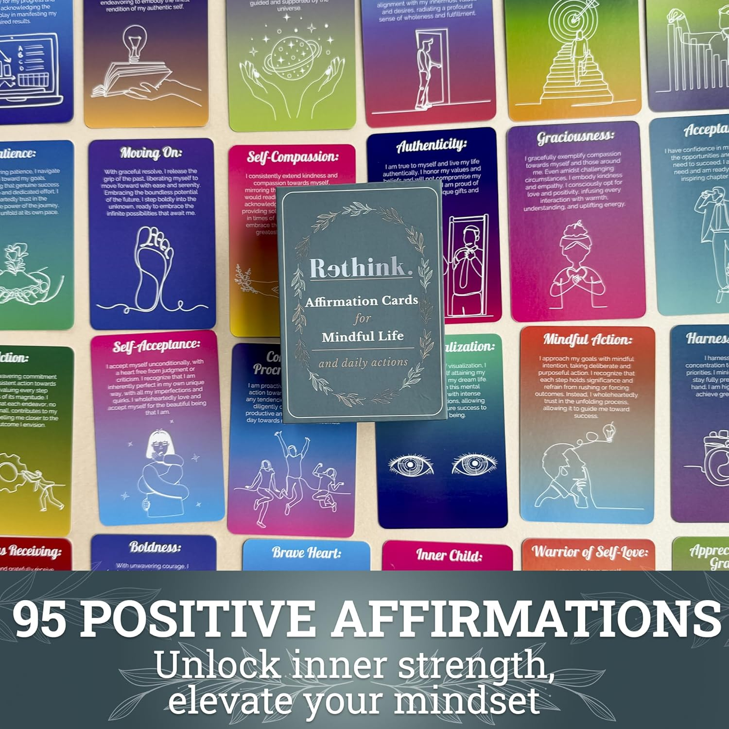 Rethink 95 Positive Affirmation Cards for Mindfulness | Inspirational Motivational Cards for Women, Men, Teens | Stress Anxiety Relief and Mental Wellness | Durable Self Care Card Set image number 4
