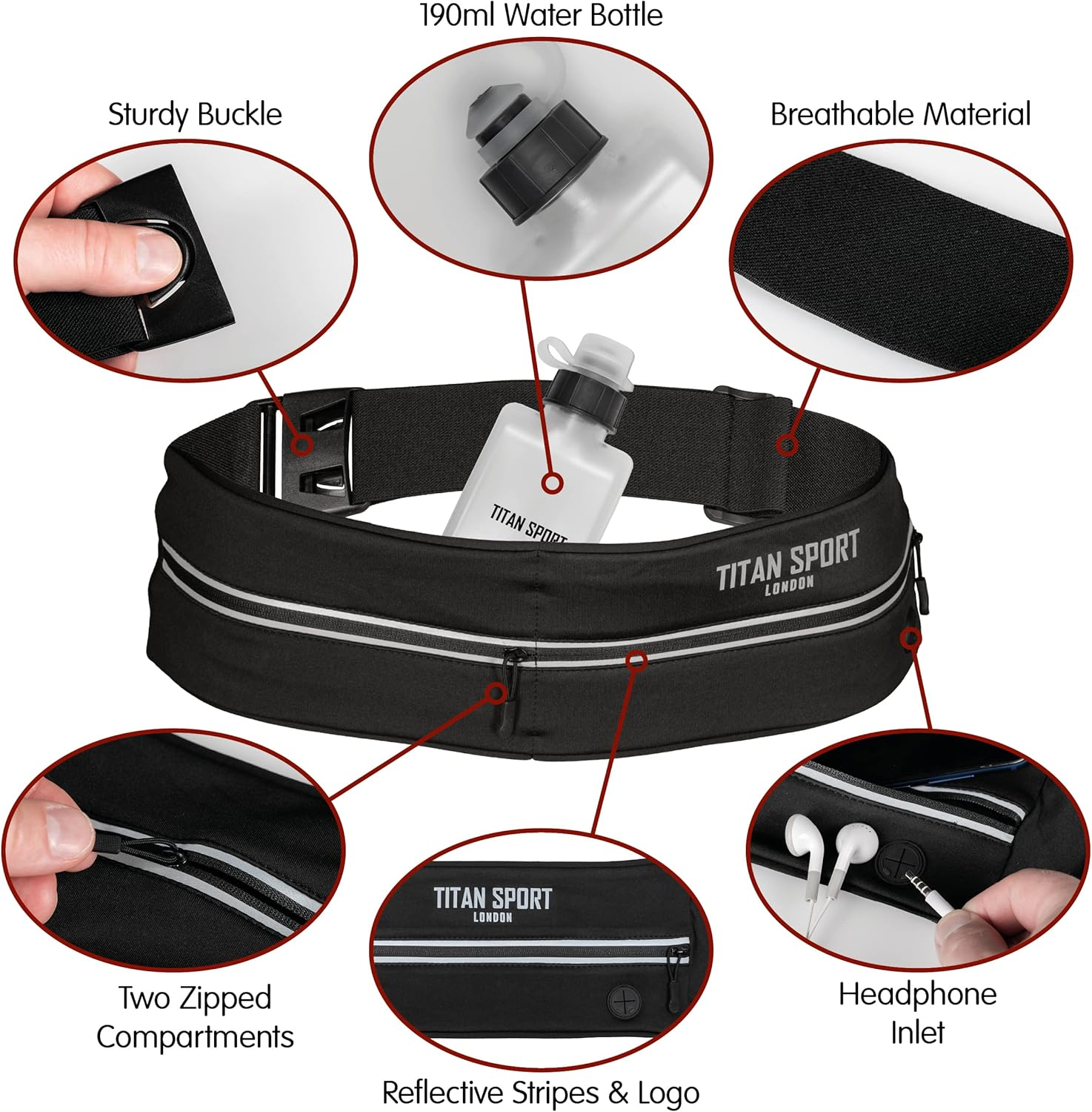TITAN SPORT Running Belt Waist Bag Phone Holder with Ultra Slim Water Bottle (190Ml), Adjustable Sports Water Resistant Band with Two Pockets Fits Smartphones up to 7", Ideal for Men & Women&rsquo;S Fitness, Black, Ultra Slim Running Belt image number 5