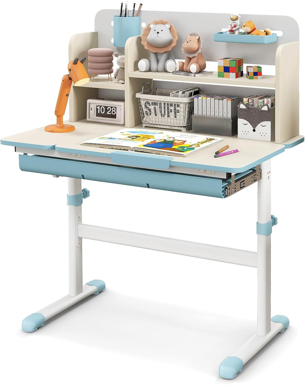 HONEY JOY Kids Study Desk, Height Adjustable Children Writing Table W/Tilt Desktop, Home School Student Learning Desk W/Hutch, Storage Drawer, Tray, Pen Holder & Scale Ruler for 3-12 Years, Grey