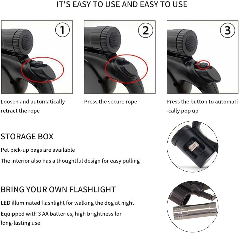 LIN&Eacute;OCT Retractable Dog Leash for Night Walking, with LED Light & Custom Drawing Area, 5M Lead for Small Medium Dogs (Black) image number 6