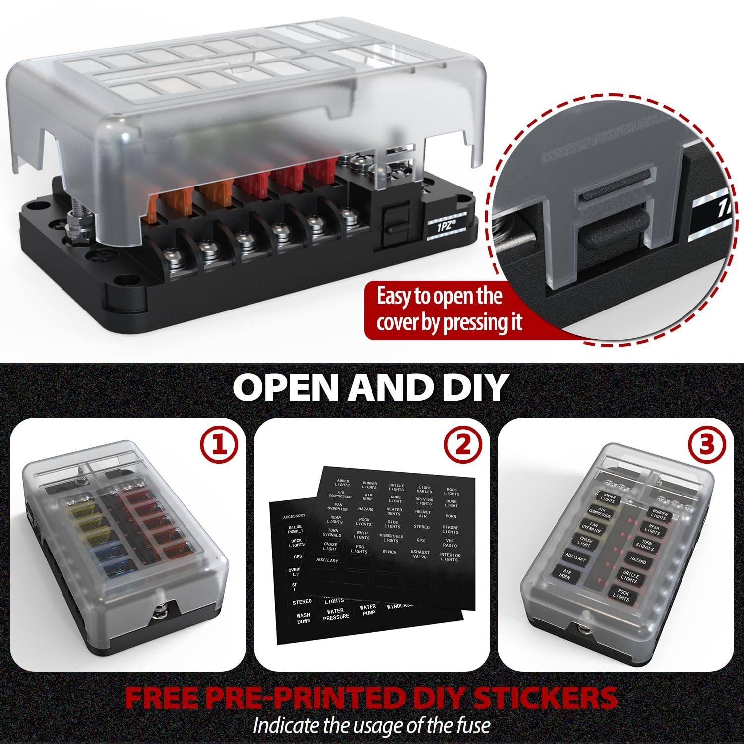 1PZ KC4-PK4 12 Circuit Waterproof Fuse Box with LED Light & Built-In Wire Cutter Universal Dual Pole Car Truck Boat Marine Fuse Block Panel image number 5