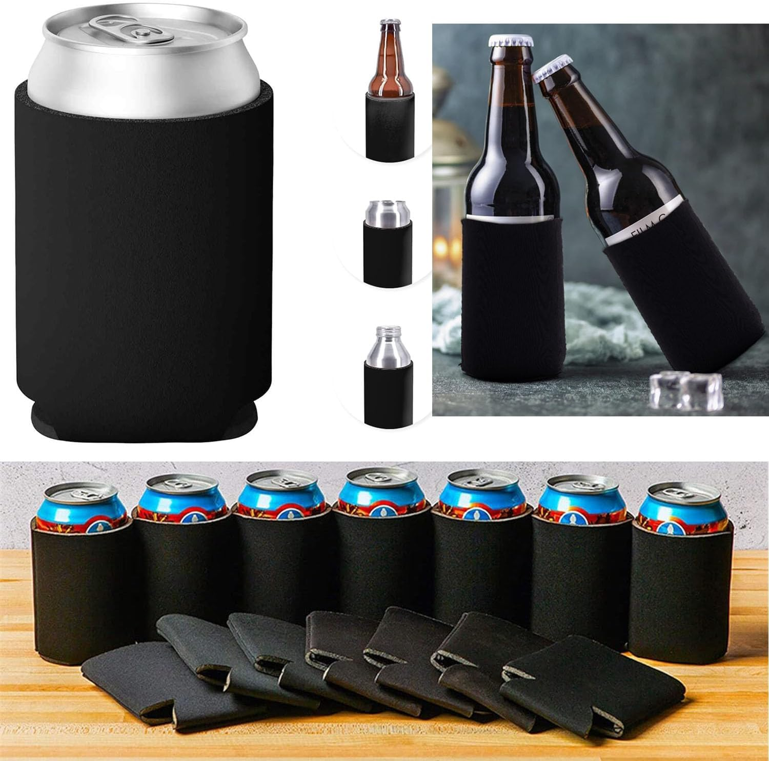 Paifeancodill Blank Beer Can Coolers Sleeves, 50 Pcs Soft Insulated Beer Can Cooler Sleeves, Foldable Blank Can Stubby Cooler Holder Sleeve Sublimation Heat Transfer, Reusable Black Bulk Can Sleeve image number 3