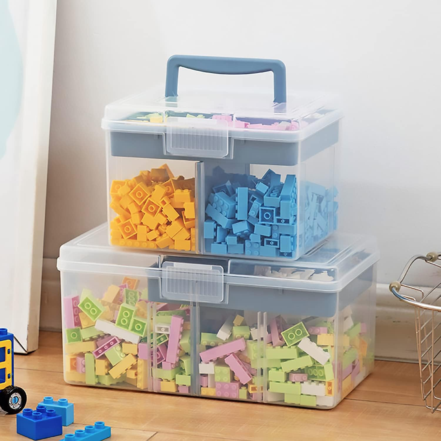 FOREVERIE Clear Small Plastic Storage Box with Handle & a Removable Tray & Adjustable Divider, Kids Students Children Art Box, Desk Organiser Case, Medicine Storage Box (Clear & Ocean Blue) image number 5