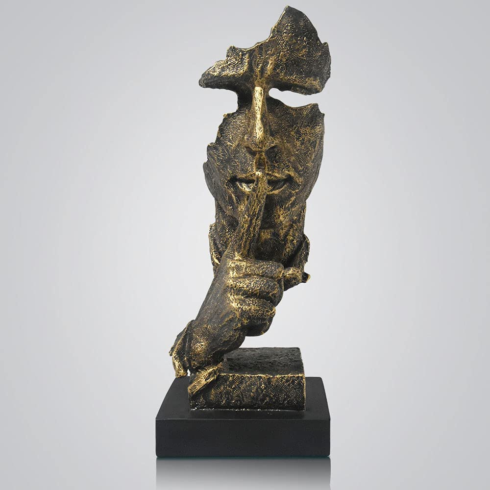 Thinker Statue - Silence Is Gold Modern Decor Creative Abstract Art Figurine Resin Sculptures Decoration Room Home Study Office Figurines for Desktop Shelf Table Ornament (Bronze)