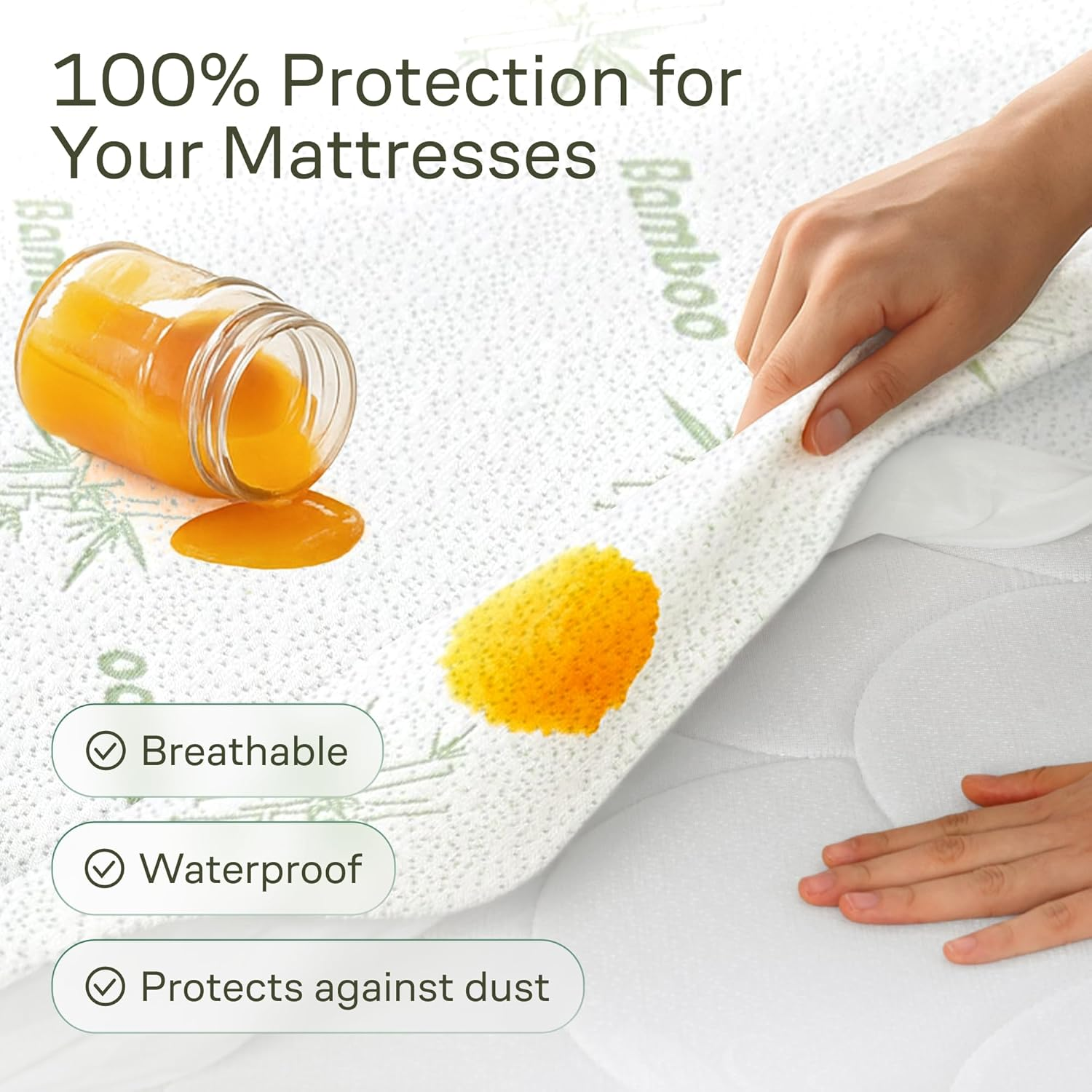 100% Waterproof Full Size Mattress Protector - 360 Protection against Spills, Stains & Accidents for Parents & Pet Owners - Noiseless & Cooling Viscose Made from Bamboo (Green) image number 5