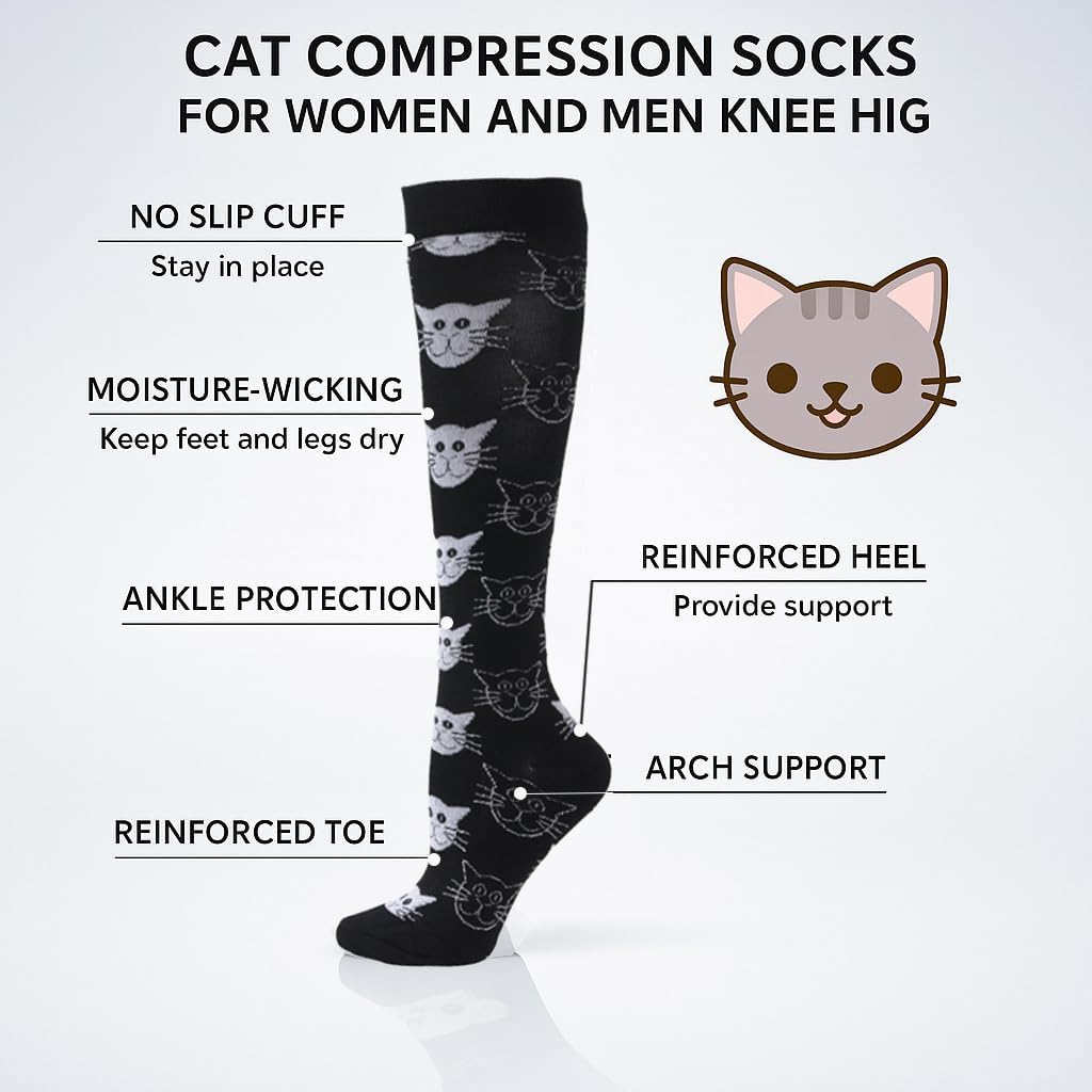 20-30 Mmhg Compression Socks for Women - Knee High Support Socks for Nurses, Pregnancy, Sports & Travel - Black Cat image number 4