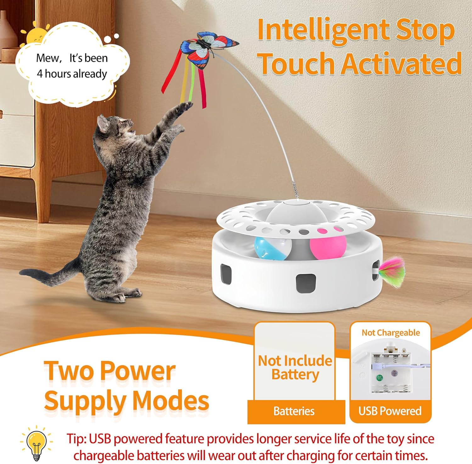 Soarer Cat Toy 3-In-1 Automatic Interactive Kitten Toy, Butterfly Dancing, Shooting Feathers, 4-Piece Toy Replacement, Track Ball, Dual Power Mode Suitable for Indoor Sports Cats image number 3