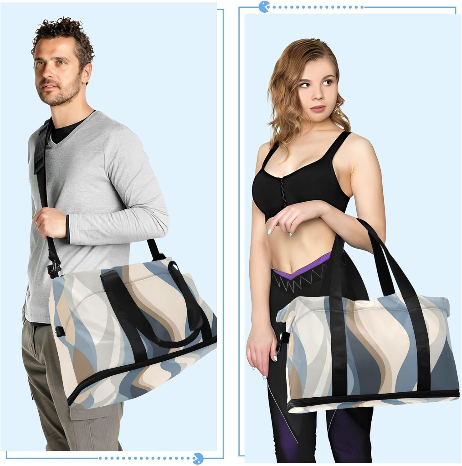 Abstract Blue Beige Tote Bag Travel Weekender Gear Bag with Adjustable Strap for Sports Foldable, Abstract Blue Beige, 1 Size image number 1