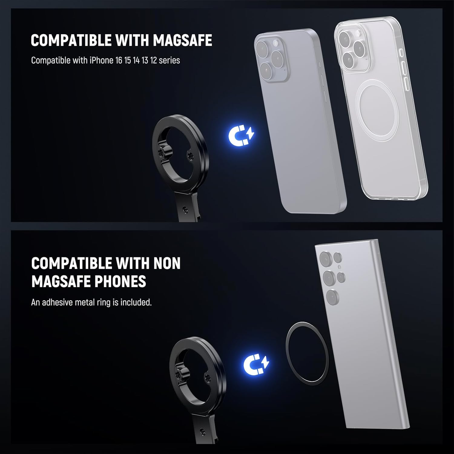 NEEWER Magnetic Phone Tripod Holder Stand, Metal Cell Phone Mount Grip with 1/4" Threads, Cold Shoe & Arca Type, Compatible with Magsafe Iphone Samsung Huawei Android for Video Recording, PA098 image number 4